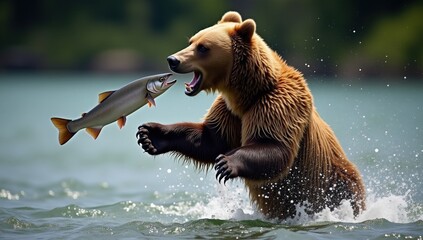 Fototapeta premium Grizzly Bear Catching Salmon