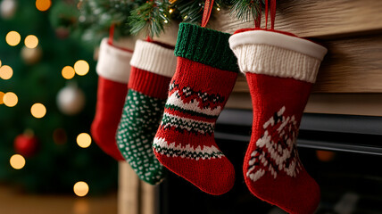 Christmas stockings hanging above a fireplace, ready for the holidays.