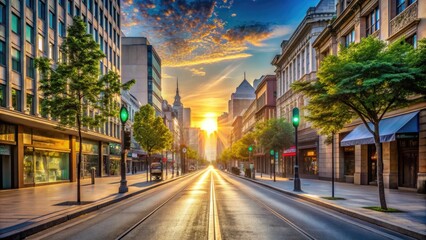 Naklejka premium A joyful empty city street scene at sunrise with no face masks or social distancing, symbolizing a world free from coronavirus restrictions.