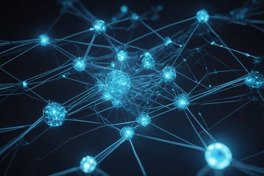 Digital art of network with glowing blue spheres on dark background