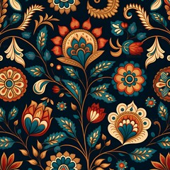 Ornate floral pattern featuring vibrant colors and intricate designs on a dark background.