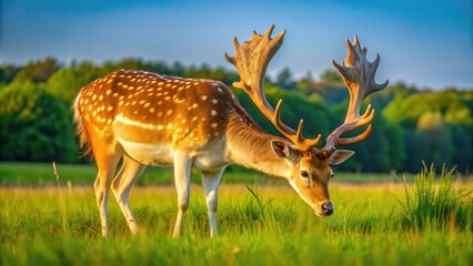 Obraz premium A large fallow deer with distinctive white spots on its brown coat grazes peacefully in a lush green meadow under a sunny blue sky.