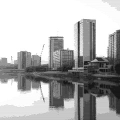 Naklejka premium Abstract pixel art of urban skyline on lakeside