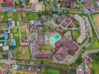 Aerial drone view of greenery countryside scenery in Berastagi, North Sumatra, Indonesia. 