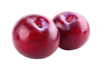 Obraz premium Two ripe red plums with a glossy appearance, perfect for illustrating fresh fruit, health, or culinary themes.