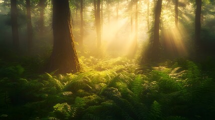 Obraz premium Sunbeams pierce through the dense foliage of a misty forest, illuminating ferns on the forest floor. A Jurassic Park-Inspired.
