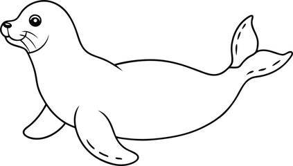 Seal outline line art or sketch illustration, lying on its belly with its flippers extended, drawn with rounded, simple lines on a white background.