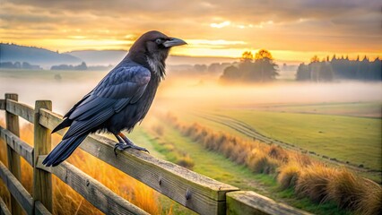 A majestic black crow perches on a weathered wooden fence, its glossy feathers and sharp eyes offset by a misty rural landscape at dawn.