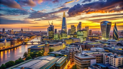 A majestic urban landscape of London's skyline at dusk, with iconic landmarks and bustling streets, evoking a sense of excitement and adventure in the UK's capital city.