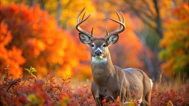 A majestic whitetail deer bucks stands alert amidst vibrant autumn foliage, its large rack and brown coat glistening in the warm light of the fall season.