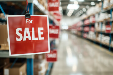 Warehouse Interior with For Sale Signs on Shelves and Aisles in a Modern Industrial Setting