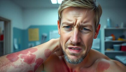 Psoriasis, a man experiencing a skin allergy, with red, inflamed patches on his arms, displaying a pained expression