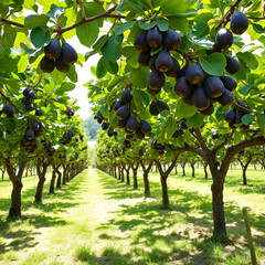 Fig Orchard with Ripe Figs on Trees in Summer