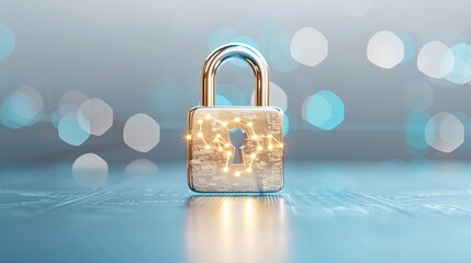 A sparkling padlock symbolizing security and protection on a blurred background, ideal for concepts of safety and privacy.