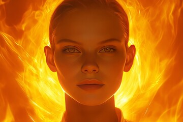 A woman with a glowing halo of fire surrounding her head symbolizing the intense energy of passion determination and the fierce willpower driving personal achievement and success