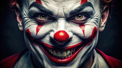 A menacing yet charismatic clown's face with a wide, red-lipped grin and dark eyeliner, exuding a sense of playful chaos and mischievous intent.
