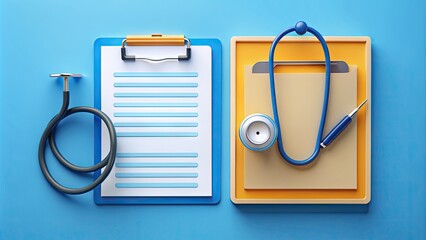 A minimalist medical icon set featuring a clipboard with a stethoscope and folder, symbolizing clinical documents and healthcare records organization.