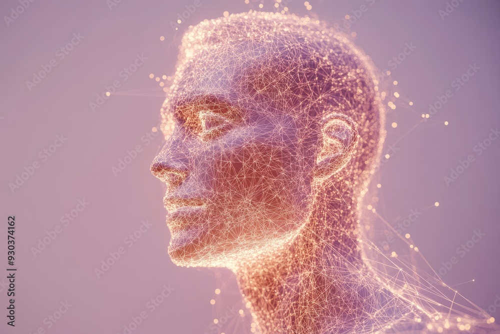 Poster profile of a glowing translucent male figure with swirling particles embodying the essence of digita