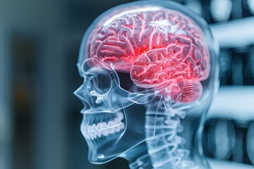 Detailed x-ray view of a human skull showcasing a glowing brain. Ideal for medical, educational, and scientific projects.