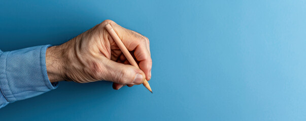 Fototapeta premium Close-up of a hand holding a pencil against a blue background, representing creativity, writing, or education.