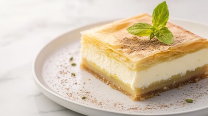 Delicious cream pastry topped with pistachios and basil leaves.