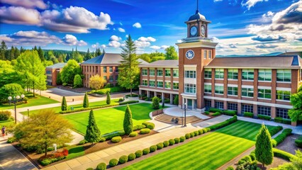 Obraz premium A modern high school building with a clock tower stands amidst lush green trees and a sprawling courtyard on a sunny day.