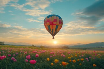 Fototapeta premium Scenic View of Hot Air Balloon Above Blooming Flower Farm