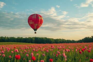 Fototapeta premium Hot Air Balloon Soaring Over Blossoming Flower Meadow