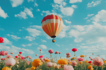 Fototapeta premium Colorful Hot Air Balloon Over Vibrant Flower Field