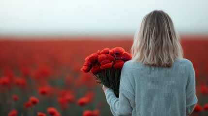 A serene and picturesque scene of a woman standing in a vast field of red poppies, seen from behind while holding a bouquet of flowers, evoking tranquility and natural beauty.