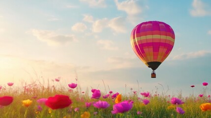 Obraz premium Hot Air Balloon Gliding Above Lush Flower Landscape