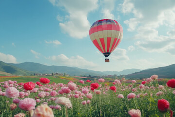 Fototapeta premium Hot Air Balloon and Flower Farm: Aerial Delight