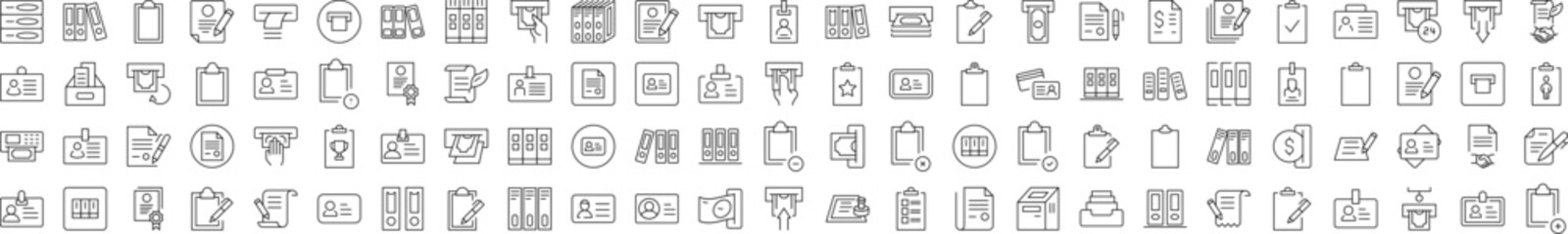 Employee Badge, Documents, Clipboard, ID Card Outline Web Line Icons Collection. Editable Stroke. Minimalistic Linear Pictogram for Design of Cards, Apps, Banners, Posts