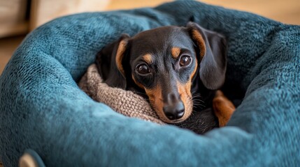 Cute Dachshund Relaxing In Its Bed
