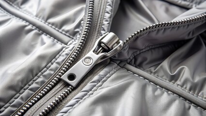 A modern, sleek, silver metal zipper slider button on a waterproof outdoor jacket, with a subtle shine and smooth texture, against a soft gray background.