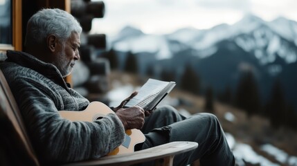 An elderly man enjoys a peaceful moment reading a book and holding a guitar while relaxing on a chair in front of a cozy mountain cabin with snowy peaks in the background.