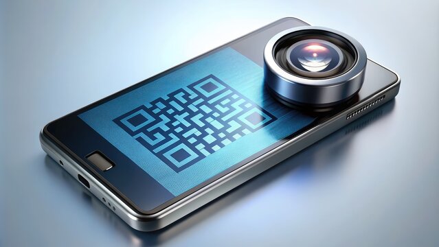 A modern smartphone with a bright screen displays a QR code, its camera lens positioned to scan the matrix barcode, ready for instant data transfer.