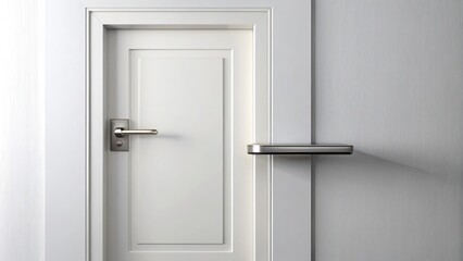 Amodern white door with a silver handle stands isolated on a pure white background, emphasizing its clean lines and sleek minimalist design aesthetic.