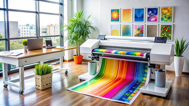 A modern wide-format inkjet printer sits on a desk in a bright office, surrounded by colorful prints and design materials, ready for creative projects.