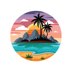Obraz premium A sunset with palm trees and Tropical island sunset logo
