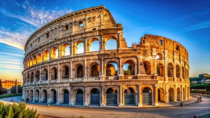 Fototapeta premium Ancient Coliseum in Rome stands majestic under a clear blue sky, its ancient stone façade and arches a testament to history's grandeur in a serene side view.