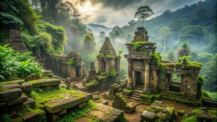 Ancient crumbling stone structures and pillars scattered amidst lush greenery, with a misty morning atmosphere, at a long-abandoned archaeological site in a remote jungle valley.