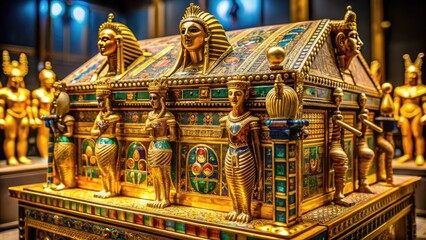 Obraz premium Ancient Egyptian treasures abound in this glittering gold relic, adorned with intricate hieroglyphics and mythical creatures, symbolizing pharaonic power and opulence.