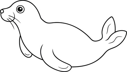 An outline illustration of a seal, lying on its belly with its flippers extended, drawn with rounded, simple lines on a white background. © Md Mujahid Fakir