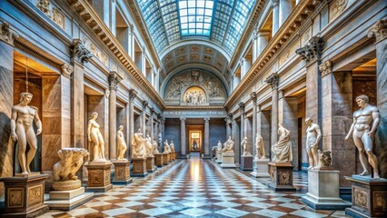Fototapeta premium Ancient Greek and Roman antiquities fill the grand hall of a historic museum, with marble statues, friezes, and artifacts on display under a vaulted ceiling.