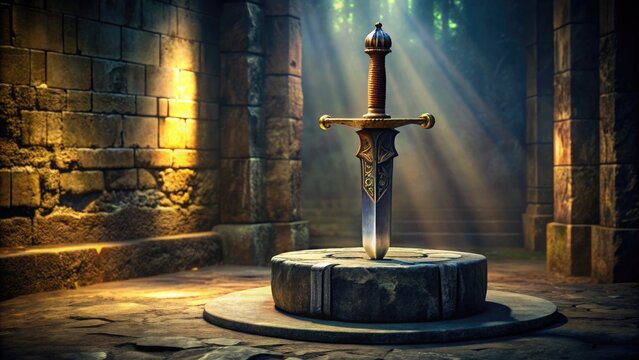 Ancient battle-worn sword with intricate engravings and ornate hilt lies atop a worn stone pedestal, surrounded by shadows and mysterious medieval ambiance.