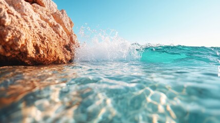 Vivid turquoise ocean waves splash against the rugged, sunlit rocky coastline under a clear, blue sky, showcasing a perfect tranquil and natural seaside landscape.
