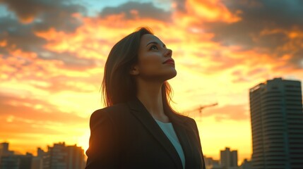 Successful latino business woman standing in megapolis smiling at sunset or golden hour dawn low angle close up photo