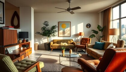 Photo of a mid-century modern lounge with iconic furniture pieces and a retro aesthetic
