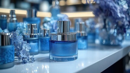 Blue Beauty Product Mockup on a White Shelf in a Spa Salon, Close-Up with Space for Text, Professional Color Photography for Skincare and Wellness Branding